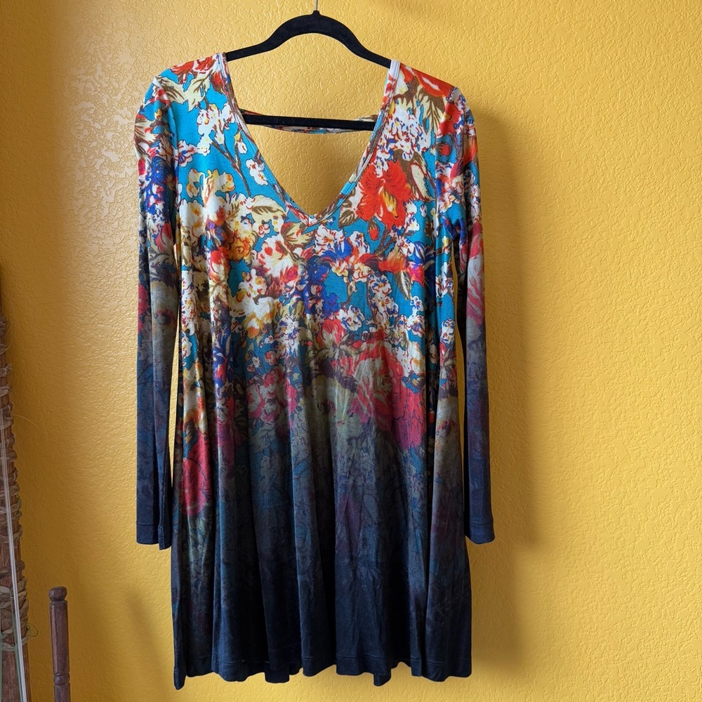 NWT Free People Long Sleeve V Neck Swing Tunic Shirt with floral ombré print